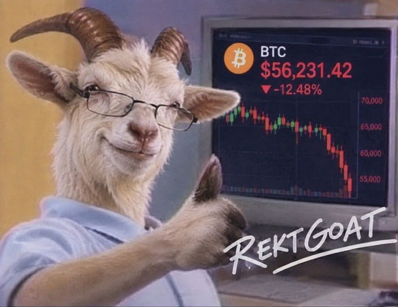 Gerard giving a thumbs up in front of a crashing BTC chart